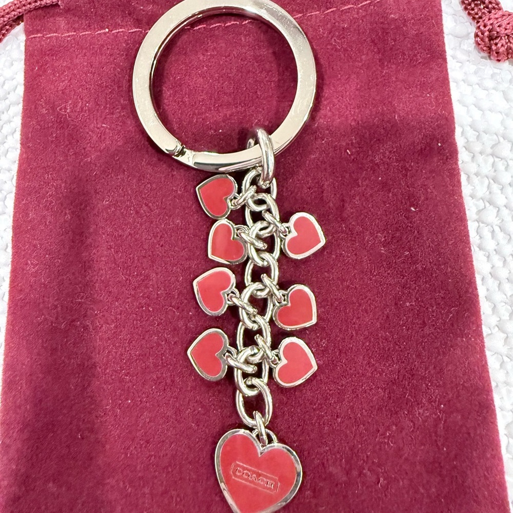 COACH Signature Enamel Red Multi Heart Charm Silver Fob Keychain